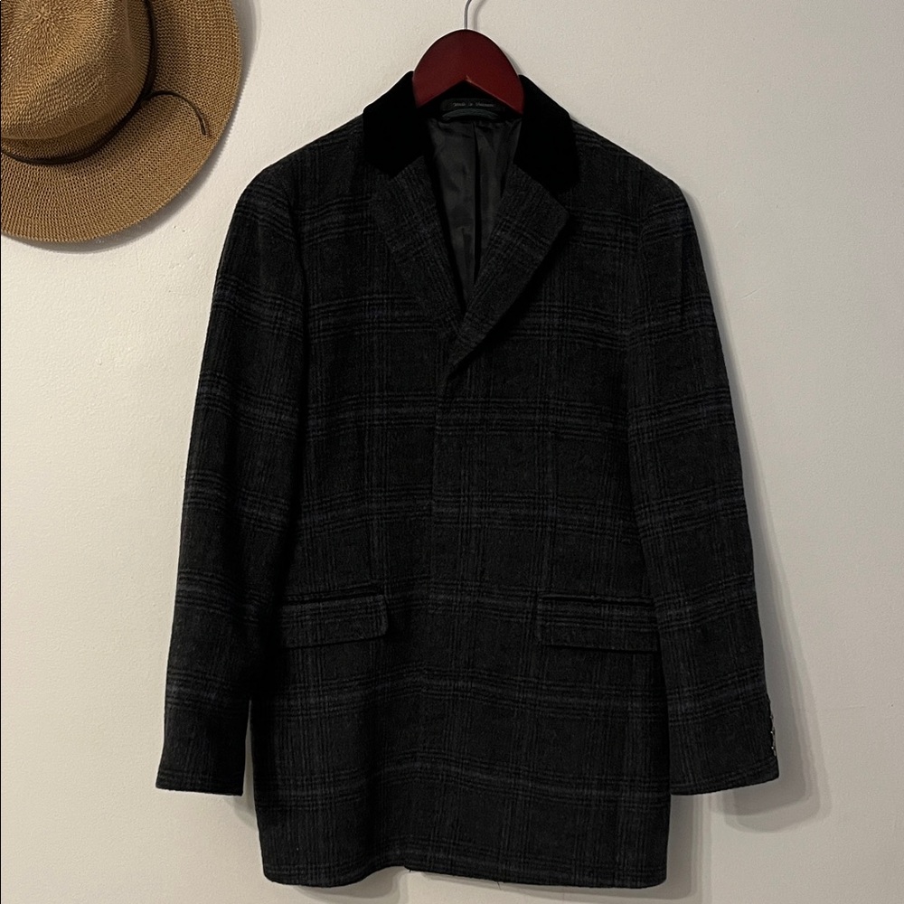 Women Black Plaid Wool Blend Overcoat - Classic Tailored Blazer